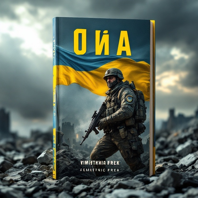 A soldier in combat gear is prominently displayed in the foreground, holding a rifle. The soldier looks determined as he stands amidst ruins, symbolizing resilience. Behind him, the Ukrainian flag waves proudly, its bright colors contrasting with the war-torn backdrop. The sky above is a dramatic mix of dark clouds and rays of light breaking through, suggesting hope and victory.