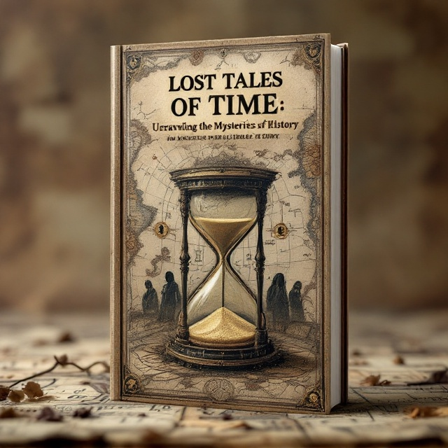 An elaborate, ancient map background with faded edges, encompassing a large, towering hourglass with swirling sands hinting at lost stories. The map shows cryptic symbols and pathways, leading the eye to mysterious, shadowy figures in historical attire peering silently from the edges.
