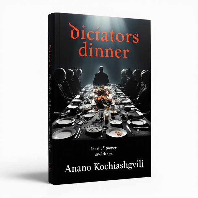 A dark, ominous dining table stretched diagonally across the cover. Plates and silverware are scattered chaotically, with shadows of infamous dictators looming in the background. The dim lighting casts eerie reflections across the table, suggesting a sinister atmosphere.
