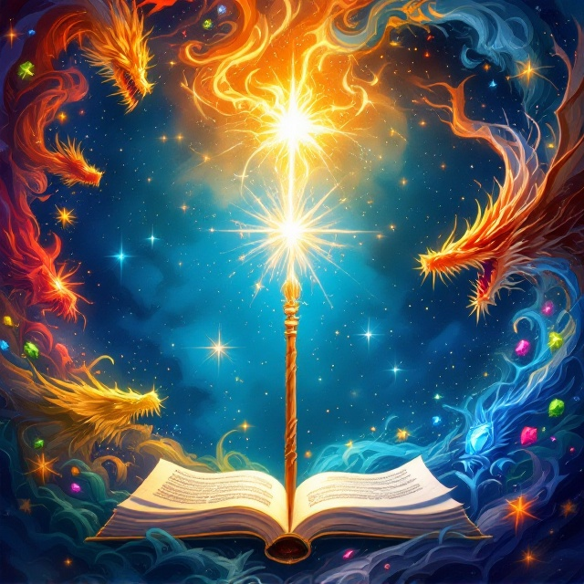 A vibrant cover filled with elements such as swirling whirlwinds of magic that curve around the borders; colorful, sparkling jewels scattered across the middle; and faint silhouettes of dragons soaring in the sky. Each corner represents a different element fire at the top left with fiery reds and oranges, earth at the bottom left with lush greens, water at the top right with deep blues, and wind at the bottom right with swirling whites. In the center, a shimmering wand is pointed upwards, casting a bright glow that ties all elements together in harmony.