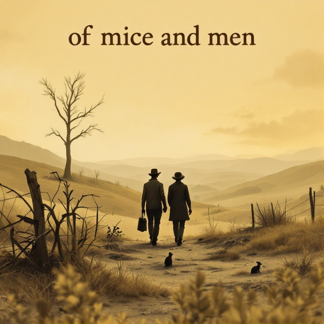 Two figures, George and Lennie, are silhouetted walking together through a barren landscape. The countryside stretches across the background with a desolate tree standing tall amidst gentle hills under a muted, overcast sky. In the foreground, there's a broken fence partially obscured by a withering plant. Subtle imagery of mice and rabbits is integrated into the landscape, suggesting a lost dream. The color palette is primarily muted yellows and earthy tones to evoke a sense of times past.