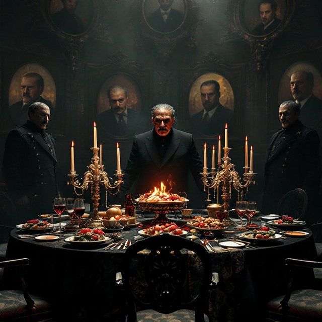 A dark and ominous dining table, centrally placed, covered with lavish yet unsettling dishes. The table is adorned with elaborate, shadowy candelabras casting eerie flickers of light and dark reflections. In the background, dimly lit portraits of notorious historical dictators loom, creating a sense of foreboding and intrigue. The color palette is dominated by deep reds, blacks, and gold, giving an impression of opulence tinged with malevolence.