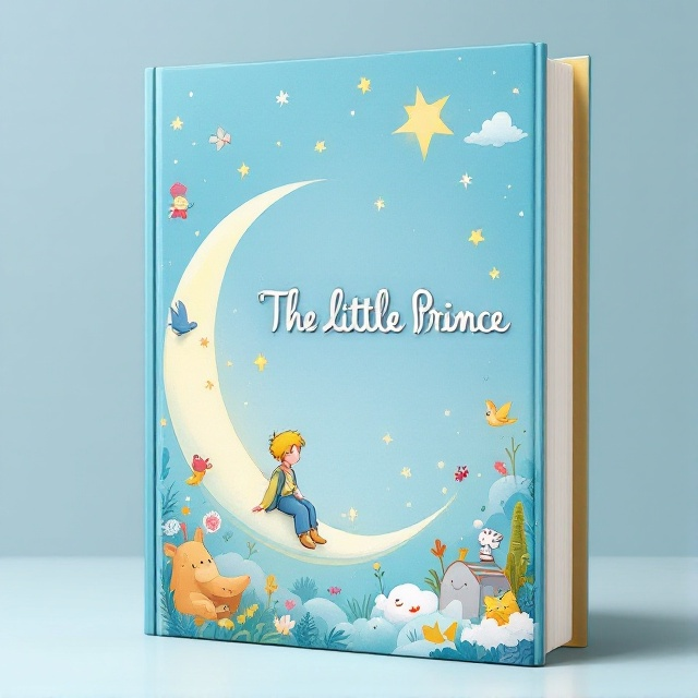 The cover features a dream-like illustration of a little prince perched on a crescent moon. Surrounding him are whimsical characters and objects from the story, set against a soft blue gradient background that creates a sense of depth and wonder.