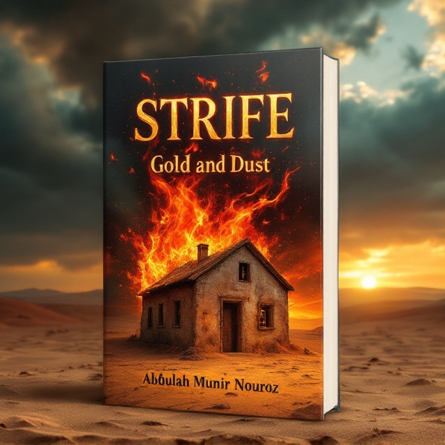 A dramatic scene featuring a lone, weathered desert house partially engulfed in swirling flames and intense red hues. The background displays a vast desert landscape, hinting at the enormity and scale of the challenges faced. Flames blend into the sand, symbolizing struggle and rebirth. The sky above transitions from dark stormy clouds to a hopeful dawn, evoking a sense of determination and hope.