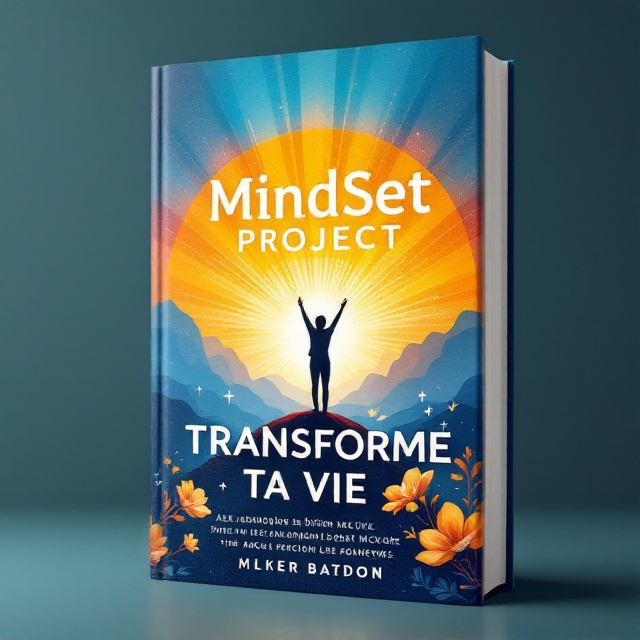 A radiant sunburst emanating from the center, overlapped by a silhouette of a person reaching upward, symbolizing growth and aspiration. The background is a gradient of vibrant colors ranging from deep blue at the edges to bright yellow at the center. At the bottom, abstract elements like ascending arrows and blooming flowers hint at transformation and success.
