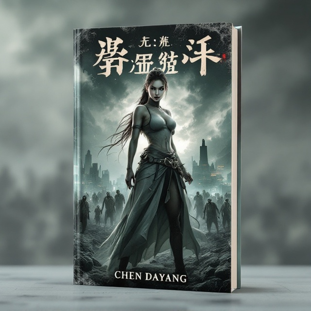 A striking image of a beautiful female protagonist standing confidently at the forefront, her expression determined and fierce. In the background, a post-apocalyptic cityscape teeming with menacing zombies. The sky is painted in ominous, stormy hues of grey and green, with dark clouds swirling. The coal mine elements are subtly integrated into the foreground, enhancing the fortress-like atmosphere of the cover.