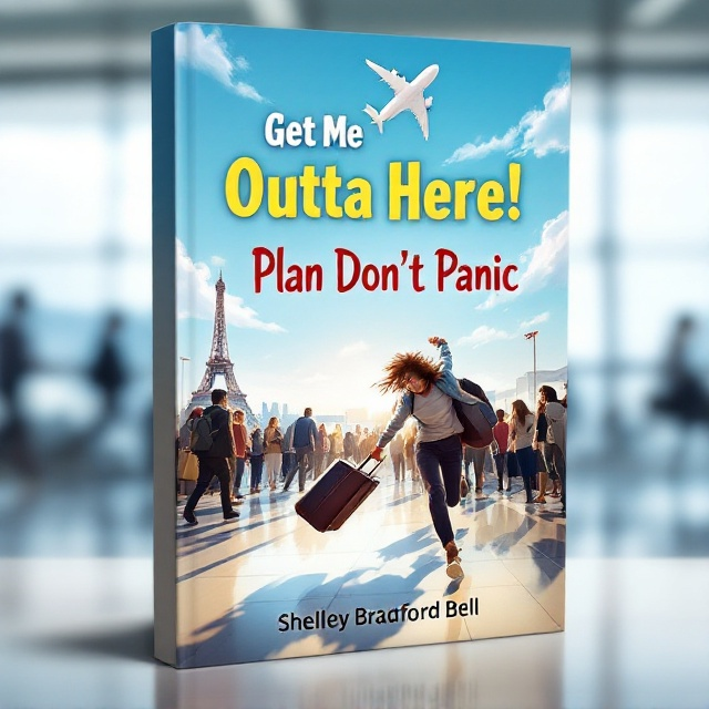 The cover art depicts a bustling airport terminal with a person in the foreground appearing animated and panicked as they dash across the scene with a suitcase in hand. The crowd around them is slightly blurred, emphasizing the motion and urgency. A clear blue sky holds an ascending airplane. The Eiffel Tower peeks subtly from the background, reflecting the dream destination. Wisps of clouds add depth and fluidity to the scene.