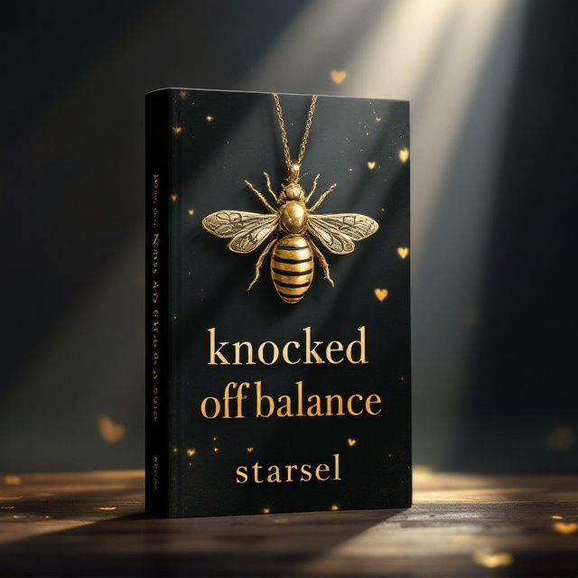 The cover features a dark, moody background with subtle gradient shades of black and deep gold, evoking both excitement and shadows. A prominent golden bee pendant hovers in the foreground, casting a mysterious glow. Overlaying this is a delicate interplay of sunlight filtering through, hinting at romance and warmth. This ethereal light forms the shape of a heart subtly in the background to symbolize love and intimacy.