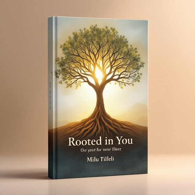 An elegantly illustrated tree occupies the center of the cover. The tree displays intertwined, sprawling roots reaching downward into soft, textured earth tones while its branches extend upward, symbolizing growth and aspiration. A gentle, warm glow radiates from the midpoint of the tree, creating an inviting atmosphere that envelops the surrounding soft watercolor background, which blends earth and sky hues seamlessly. A subtle, translucent human silhouette is gracefully entwined with the branches to enhance the connection to inner strength and self-discovery.