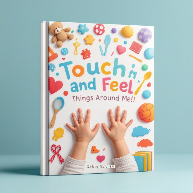 A vibrant and playful background featuring a collage of colorful everyday objects like a teddy bear, a spoon, a ball, and a book. In the center, a pair of adorable baby hands reaching out to touch these objects, creating a sense of interaction and curiosity. The objects have a slight texture to convey the "touch and feel" concept visually.