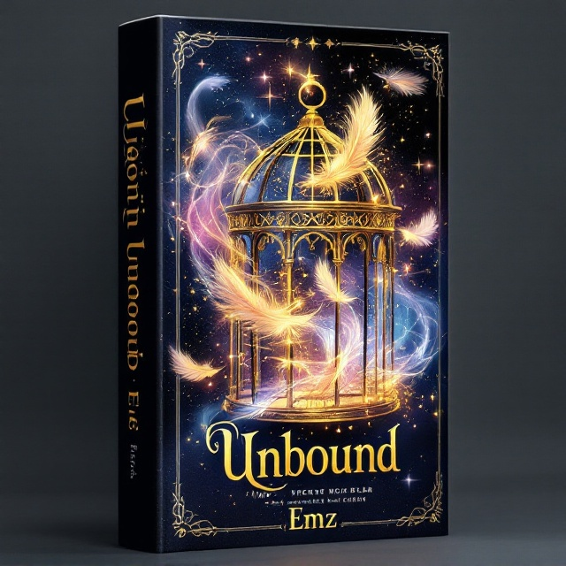 The cover features a scene where ethereal wisps of wind swirl across the design, intertwined with shimmering, golden feathers. These feathers glimmer with a magical aura, suggesting that they are breaking free from an unseen cage. In the background, faint outlines of an ornate, mystical cage are visible, partially disintegrating as the magic takes over. The color palette consists of deep blues and purples, highlighting the cool night sky as the backdrop, with accents of gold and white for the feathers and magical elements.