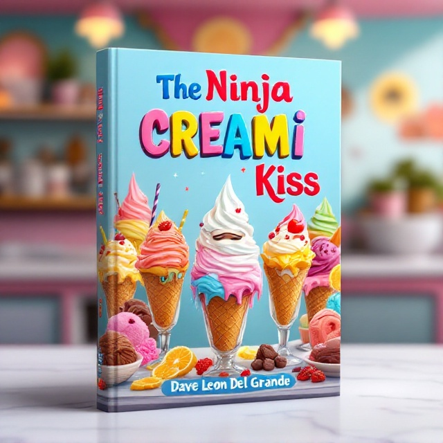A vibrant ice cream parlor scene, brimming with colorful cones, milkshakes, and elaborate sundaes artfully arranged on a counter. Bright, cheerful colors like pinks, yellows, and blues dominate the cover, reflecting a lively and inviting atmosphere. A subtle ninja touch, like a ninja mask or star icon, is creatively woven into the design of one of the ice cream elements to tie in with the title.