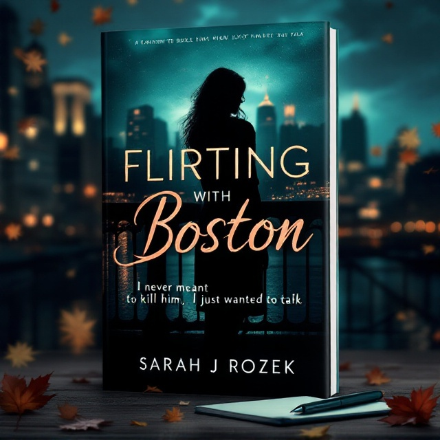 The cover features a dimly lit silhouette of a woman standing on a bridge overlooking the Charles River at night, with the iconic Boston skyline visible in the background. The mysterious shadows of skyscrapers and the glow from streetlights create a suspenseful atmosphere. The woman's figure, partially obscured, exudes intrigue and allure, embodying the essence of a reporter on a risky mission. In the foreground, a notepad and pen subtly hint at her profession, while faint outlines of leaves float across the scene, adding an autumnal feel.