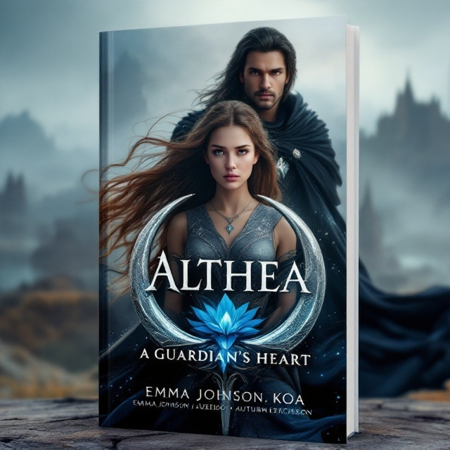 Emmalyn stands poised for battle at the forefront, her honeybrown hair flowing dramatically in the wind. She holds silver curved scimitars crossed in front of her, with the silver crescent moon rings glinting prominently. A vivid blue lily rests in the center of each ring. Behind her, slightly taller, stands Koa, his black cloak billowing, adorned with subtle star patterns, his intense gaze directed forward. The background showcases a mythical landscape with faint silhouettes of an ancient kingdom in the misty distance.