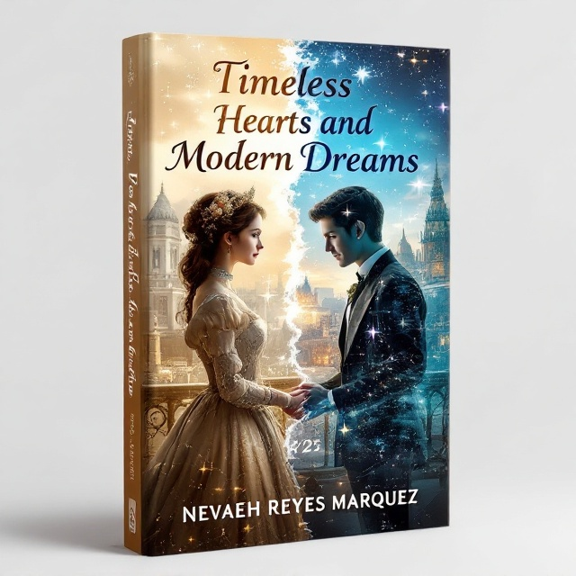 The cover is split down the middle, with one half in sepia tones representing the Victorian era and the other in vibrant colors depicting 2025. The Victorian-era girl, dressed in period-appropriate attire, looks wistfully towards the future side. The modern boy, in casual 2025 fashion, reaches out from the colorful side with a hint of a smile. Their surroundings blend at the center, where their hands almost touch, symbolizing their connection across time. Background elements include faded Victorian architecture on one side transforming into a futuristic cityscape.