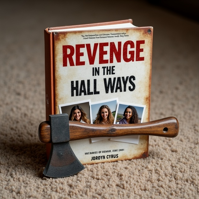 The cover features a light brown carpet as the background, subtly faded to give it an eerie, worn look. Placed on the carpet are three Polaroid pictures arranged haphazardly. Each picture shows a different pair from the group of diverse highschoolers, looking joyful and carefree at a luxurious setting. An old, slightly rusted axe with a worn wooden handle lays ominously next to the Polaroids, casting a dark shadow over them.