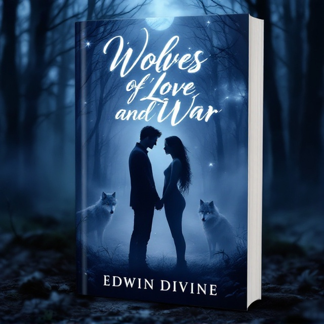 A moonlit forest setting with the silhouette of a man and woman standing facing each other, shrouded in mist. Wolves with piercing eyes are subtly integrated into the background, giving an ethereal feel. The color palette consists of deep blues and silvers to evoke mystery and romance.