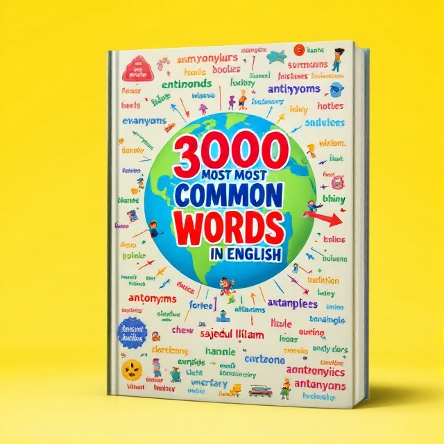 A colorful collage of illustrated words showing their synonyms, antonyms, and examples. In the center, a stylized globe symbolizing global communication and understanding, with arrows pointing towards the different words to show connectivity. Bright, cheerful colors dominate to evoke a sense of ease and fun in learning.