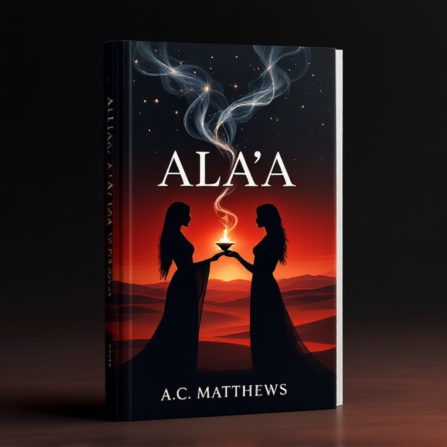 The cover features a stylized desert horizon at sunset, with shades of red blending into the rich black night sky. In the foreground, a silhouette of a female figure stands confidently holding a silver lamp. The silhouettes of two intertwined female figures form the curves of swirling smoke emerging from the lamp, implying an intimate connection. Stars twinkle subtly amidst the smoke, creating an enchanting and romantic atmosphere.