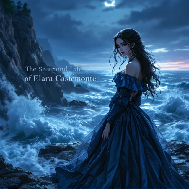 An anime woman with striking green eyes and flowing black hair, wearing a lavish Victorian blue dress, stands on rocky cliffs overlooking a tumultuous sea. The scene is set at twilight with a palette of blues and purples; the waves crash dramatically against the rocks. Her expression is one of deep sadness, with her gaze fixed on the horizon, bathed in soft moonlight.
