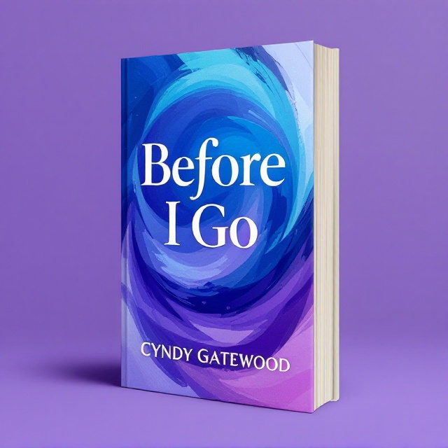 A vivid swirl of abstract, dynamic shapes in bold shades of blue and purple dominates the cover, creating an air of mystery and loss. The background is a gradient from deep indigo to light lavender, adding depth and emotion. The shapes evoke movement, reminiscent of waves or wind, symbolizing the theme of departure.