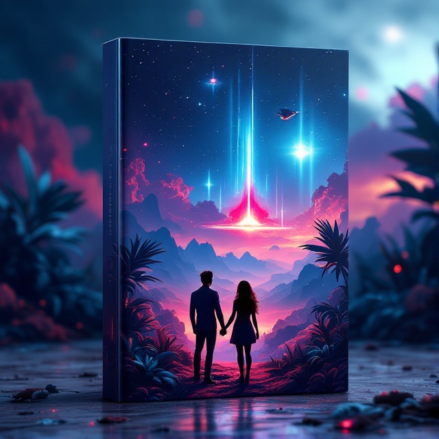 A captivating illustration of a futuristic, lush alien planet with two silhouetted figures holding hands, looking at a distant cosmic phenomenon. The sky is filled with contrasting hues of deep blue and striking red, with streaks of light emanating from an ominous spacecraft. The foreground features exotic plants, gently illuminated by ambient light.