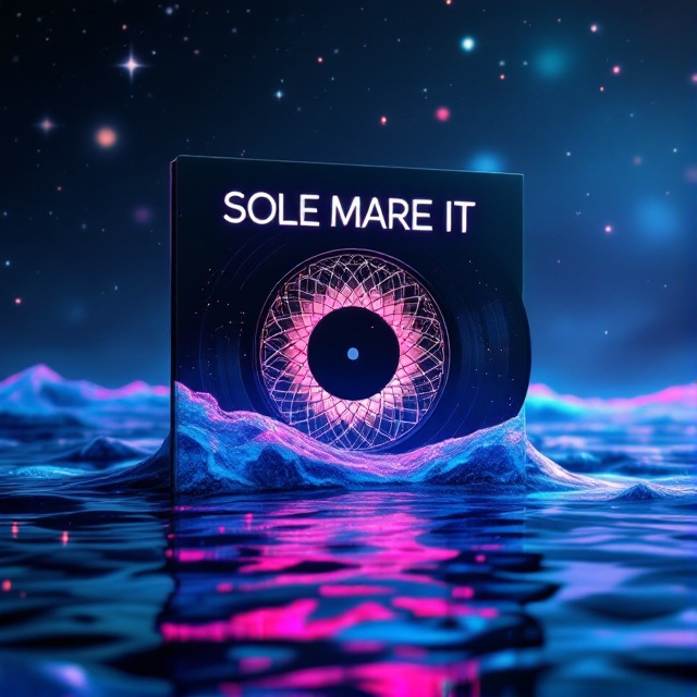 A sleek, glossy cover with the central image of a vinyl record partially submerged in an ethereal, futuristic sea. The vinyl features intricate geometric patterns and holographic accents, creating a dynamic play of light and color. The record spins in a serene digital ocean against a backdrop of a twilight sky with stylized stars.