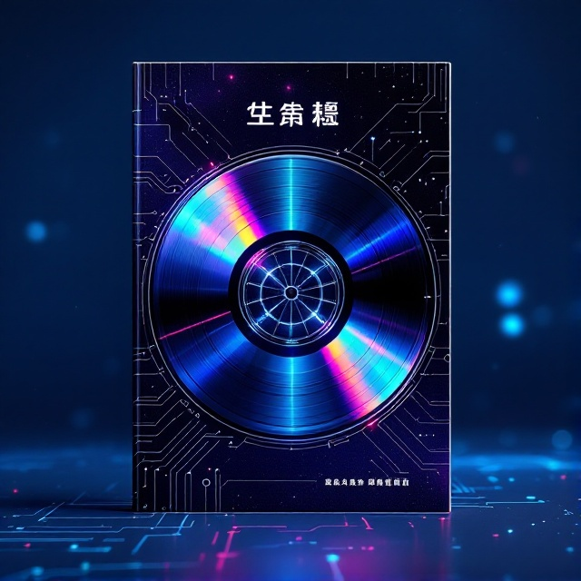 A sleek, metallic holographic disc dominates the center of the cover, subtly reflecting light and creating a spectrum of colors as it catches the eye. The disc's grooves resemble those of a vinyl record but have a futuristic digital twist, with neon lines and circuit-like patterns interwoven. The background is a deep, cosmic blue, giving a sense of infinite space with faint stars scattered across.