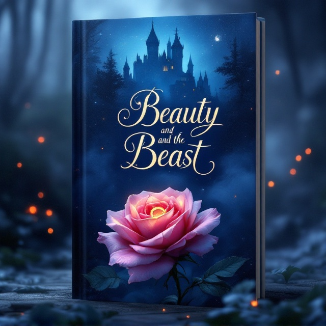 A mystical scene featuring a prominently placed enchanted rose in the foreground, its petals glowing softly. In the background, an enchanting castle is shrouded in mist, conjuring a sense of magic and mystery. The scene is lit by moonlight, casting shimmering reflections. A subtle image of a magical ring entwined within the rose’s stem hints at transformation and love.