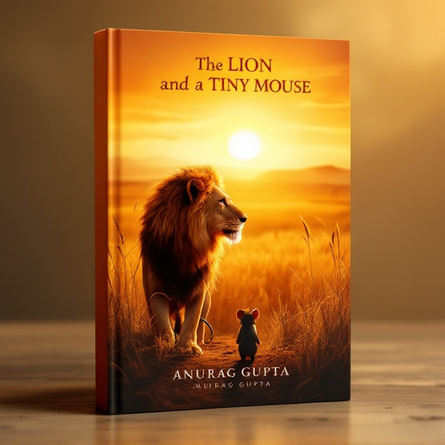 The cover features an expansive African savanna landscape bathed in the warm glow of a setting sun. In the foreground, a majestic lion watches over the horizon, its mane rustling softly, while a tiny, determined mouse stands nearby, casting a brave silhouette against the golden light. The background consists of tall grasses swaying gently in the breeze, imbued with hues of amber and ochre. Symbolizing their bond, a faint line of footprints trails behind both creatures, converging towards the savanna's horizon.