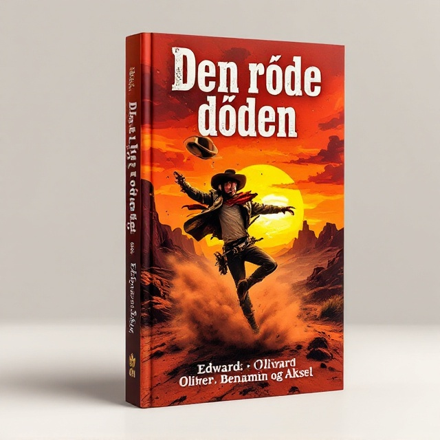 The cover features a dramatic, action-packed scene of a cowboy in mid-fall after being shot, with dust billowing around him. The background shows a vibrant, fiery sunset over a rugged desert landscape, which casts a red hue over the entire scene, emphasizing the title "Den røde døden" (The Red Death in English). The cowboy's wide-brimmed hat is tumbling off his head, and there's a visible swirl of dust around his boots, capturing the motion and impact of the shot.