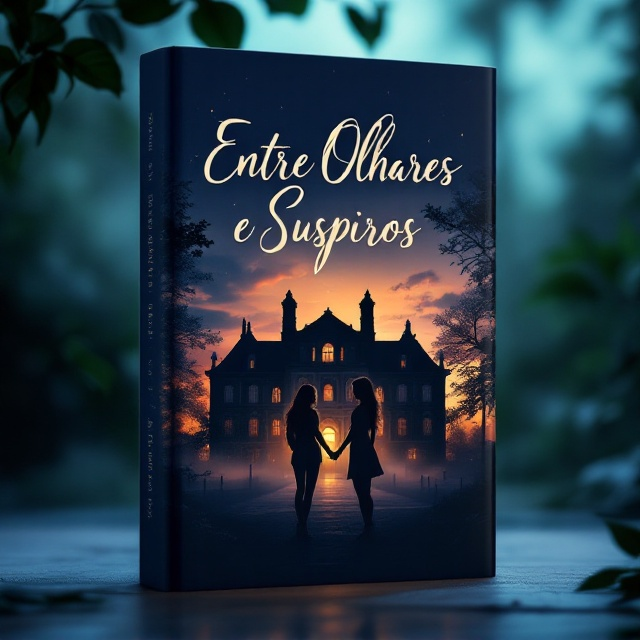 A silhouetted view of a prestigious school building looms against a twilight sky, with entwined shadows of two women discreetly cast across the foreground. Wisps of fog curl around the corners, hinting at mystery. On the top, subtle whispers of leaves, in deep greens, frame the scene, enhancing the sense of romance and secrecy.