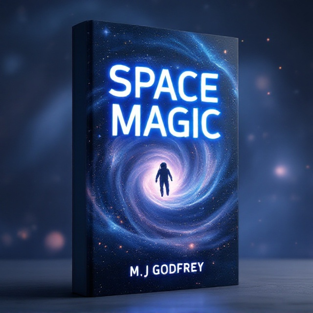 A mysterious cosmic swirl filled with subtle glimmers of light and distant stars sprawls across the background. The swirl forms an almost spiral galaxy pattern, leading the viewer’s eye toward the center of the cover. In the middle, a faint silhouette of an astronaut drifts weightlessly, adding a sense of scale and wonder to the image. Tiny flecks of light twinkle like magic dust, accentuating the "magic" aspect of the title.