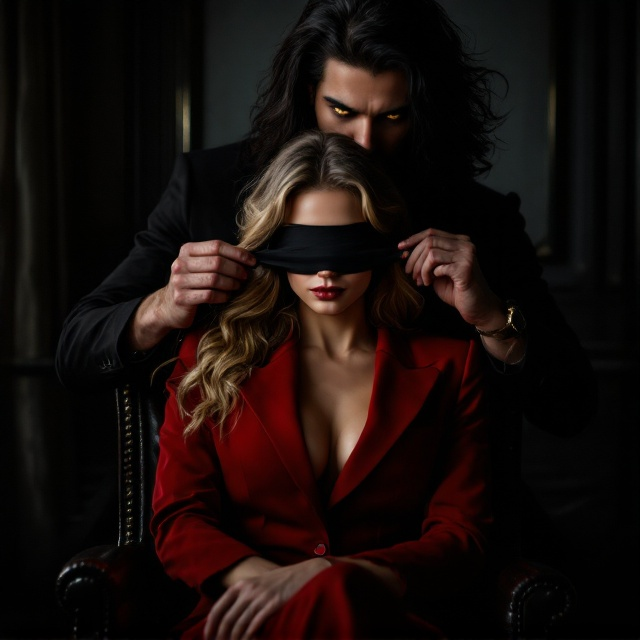 In a dimly lit office setting, a striking contrast between light and shadow highlights a powerful scene. The foreground features a blonde-haired woman with captivating gold eyes, clad in a sophisticated red business suit, sitting with assertive elegance in a premium leather chair. Looming behind her is a tall, enigmatic man with flowing black hair and matching gold eyes, his expression both intense and possessive as he carefully ties a sleek black blindfold ribbon over her eyes. The ambient light throws their silhouettes into sharp relief against an atmospheric, shadowy background, accentuating the suspenseful and moody ambiance.