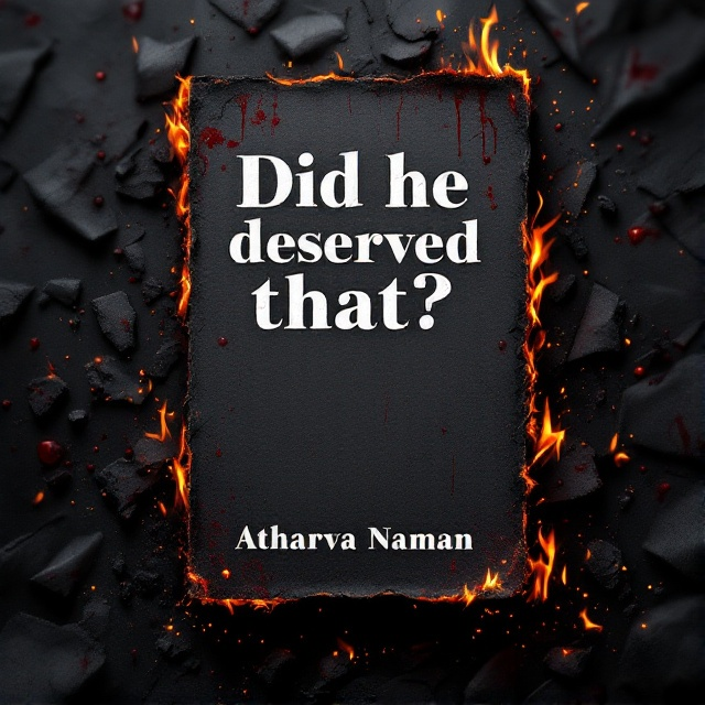 The cover features a dark, blackened background with burnt old papers scattered, some edges still glowing with embers. Blood splatters are subtly integrated, dripping downwards, while the central portion is dominated by a block of charred paper. Flames flicker at the edges, providing a haunting glow.