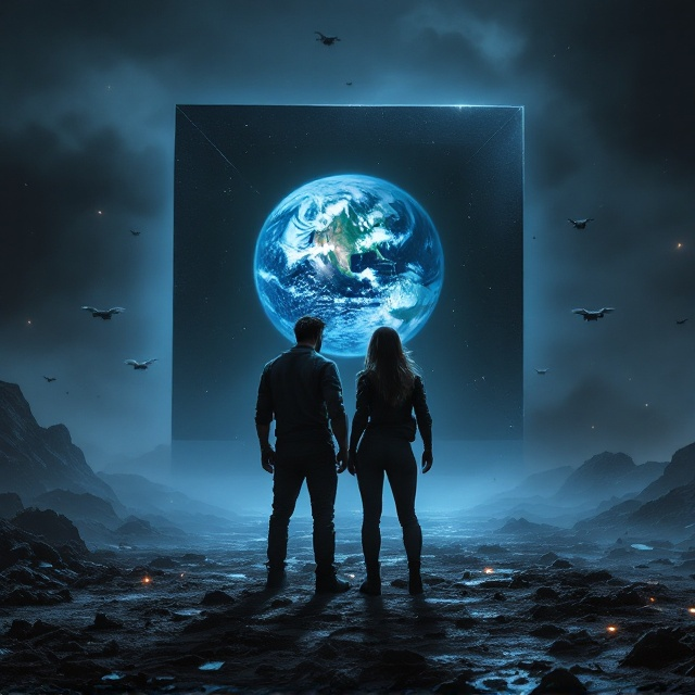 A dramatic scene featuring a rugged man and a strong, confident woman standing side by side in a post-apocalyptic environment. They’re set against the backdrop of Earth, which is encased in a large, ominous, black cube-shaped electromagnetic field. The sky is dark with futuristic technology elements, such as hovering drones and scattered debris, enhancing the tense, cinematic atmosphere. Dramatic lighting casts contrasting shadows and highlights the characters' faces and the glowing Earth.