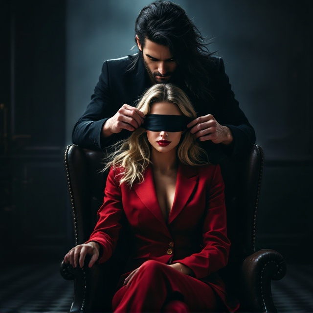 In a dimly lit office, the cover showcases a dramatic interplay of light and shadow. The focal point is a striking blonde-haired woman in a chic red business suit seated confidently in a luxurious leather chair. Behind her, a tall, enigmatic man with flowing black hair leans in, his gold eyes intense as he gently ties a black blindfold ribbon over her eyes. Their features are starkly contrasted against a shadowy, atmospheric background, emphasizing suspense and intrigue.
