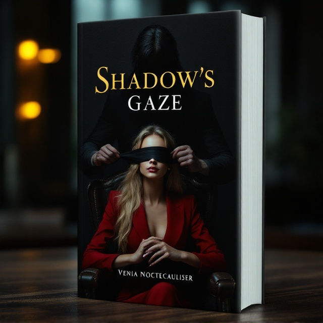 The cover features a dimly lit office setting. In the foreground, a poised woman with long blonde hair and captivating gold eyes dons a sophisticated red business suit and is seated elegantly in a premium leather chair. Behind her, a tall, enigmatic man with long black hair and matching gold eyes is shown in profile as he delicately ties a sleek black blindfold ribbon over her eyes. Sharp contrasts of light and shadow illuminate their silhouettes, set against a shadowy, atmospheric background to enhance the moodiness and intrigue.