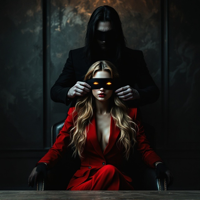 The cover features a dimly lit office with a sleek, modern design. The primary focus is on the woman with long blonde hair, dressed in a striking red business suit that contrasts sharply against the dark background. She sits confidently in a premium leather chair, while the enigmatic man with long black hair stands behind her, securing a black blindfold ribbon over her eyes. Their gold eyes glow subtly, drawing attention. The interplay of light and shadow creates an intriguing and moody atmosphere, casting their silhouettes into relief against an abstract, shadowy background.