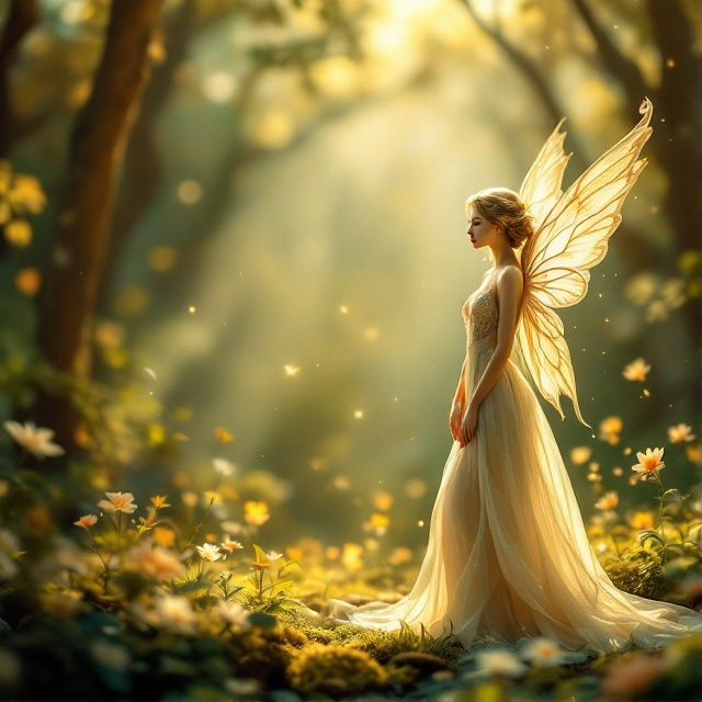 A serene forest setting with shimmering light yellow hues, highlighted by an ethereal fairy figure adorned in fashionable, flowing attire. Her presence exudes an aura of beauty and enchantment amidst a tranquil natural background with lush greenery and delicate flowers scattered throughout.