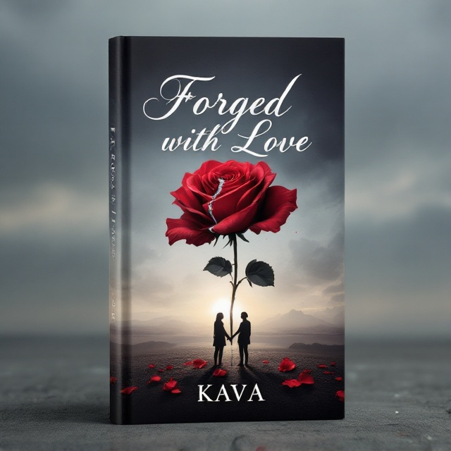 A shattered rose lies at the center, reflecting the stages of grief through its broken petals. A soft gradient transitions from dark, stormy clouds at the top to a gentle sunrise at the bottom, symbolizing emotional turmoil and eventual healing. A silhouette of a couple stands opposite each other with a faint, ethereal boundary suggesting distance and heartache.