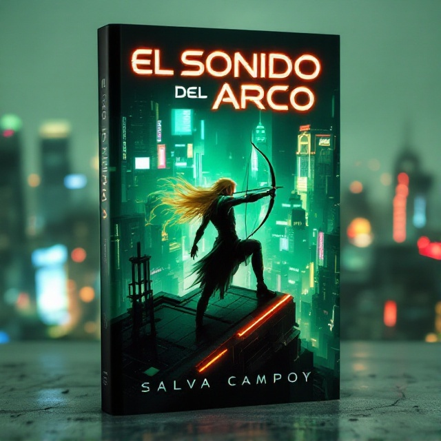 The cover features a dynamic scene of a blonde male elf with long, flowing hair, poised on the rooftop of a futuristic, cyberpunk-inspired building. He is in mid-action, drawing a bow, with the neon-lit cityscape sprawling out below him. The background is a city bathed in green hues, dotted with glowing signs and towering skyscrapers. The elf is centrally framed, highlighting his sharp, angular features and determined expression.