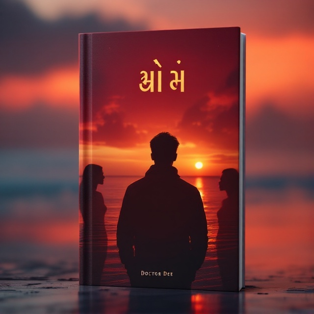 A soft-focus background featuring a serene sunset over a calm sea, reflecting hues of orange and red, symbolizing both love and solitude. In the foreground, silhouettes of a young man standing on a beach, gazing out at the horizon, flanked subtly by two faint profiles of women on either side, suggesting the romantic dilemma.