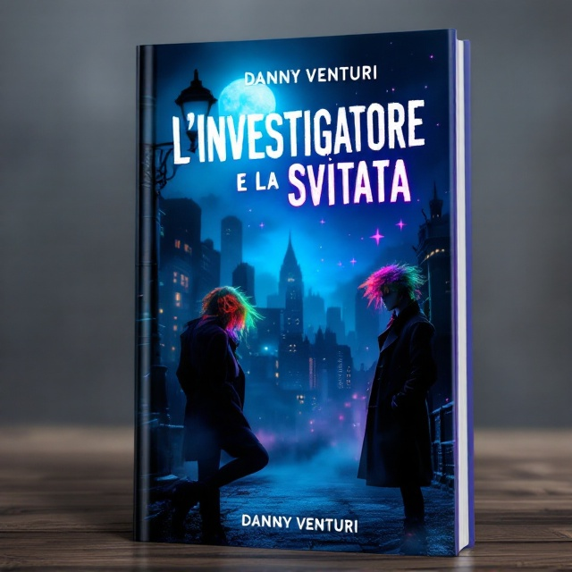 A noir-inspired cityscape at night drenched in deep blue and purple hues, with a glowing full moon casting light onto the silhouette of a trench coat-clad detective leaning against a lamppost. In the foreground, a quirky woman with wild, untamed hair in bright, clashing colors (orange, green, and pink) is peeking out slyly from behind the lamppost. A subtle mist enhances the suspenseful atmosphere while faintly glowing paranormal symbols are scattered in the sky.
