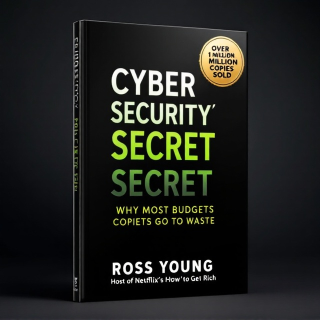 standing book mockup, Its title is "Cybersecurity’s Dirty Secret: Why Most Budgets Go to Waste". Its author name is Ross Young.  The cover features a pitch-black background, evoking seriousness and professionalism. The title is stacked vertically, dominating the cover in bold, all-caps sans-serif font. Key words like "DIRTY SECRET" and "WASTE" are in vibrant yellow for urgency, while the rest is in bright green to convey optimism and growth. A circular badge in the top right corner in a metallic gold gradient announces, "Over 1 Million Copies Sold." The author's name, "ROSS YOUNG," is centered in smaller but noticeable text below the title, with a white sub-caption that reads, "Host of Netflix’s How to Get Rich.". The font is geometric sans-serif, such as "Futura Bold" or "Montserrat Extra Bold." The words are in various sizes, creating a clear hierarchy, with the book title being the largest and callouts and subtitles in smaller, clean font styles., Left-aligned and tightly packed text occupies most of the cover space. The stacked vertical title takes up 70% of the design, followed by the author’s name and subtitle. The badge is positioned prominently in the top right corner for instant visibility.