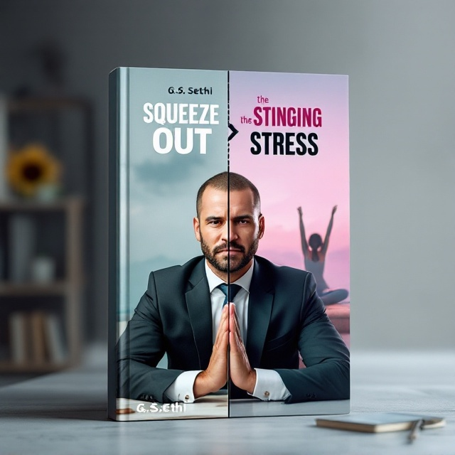 A tired-looking corporate man in a suit, sitting at his office desk with a cluttered workspace dominating the left half of the cover. The transition on the right side depicts the same man happier and relaxed, doing yoga or stretching in front of a serene landscape, surrounded by his smiling family on a vacation. The background on the left is a cold and grey urban office setting, blending into a vibrant pink-hued calm nature-inspired backdrop on the right. A dashed arrow arc moves from the left side of the man’s head (depicting stress) to the right side, showing release and positivity.