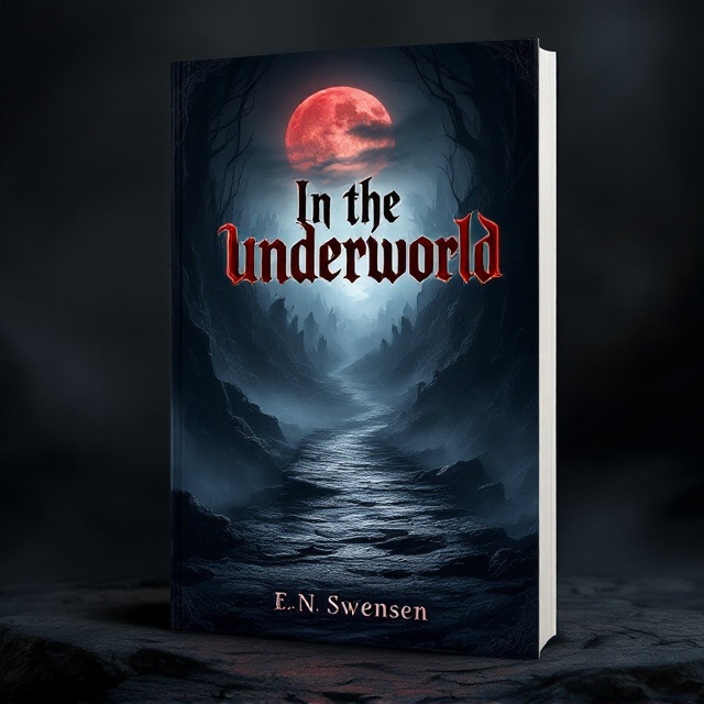 The cover features a shadowy depiction of the underworld with swirling mist and ghostly silhouettes hinting at hidden dangers. The center showcases a narrow, rocky pathway leading deeper into the mysterious realm, flanked by jagged stones and shadowy figures that give the impression of lurking enemies. In the background, a faint crimson moon partially obscured by clouds casts an eerie glow, creating an atmosphere of adventure and danger.