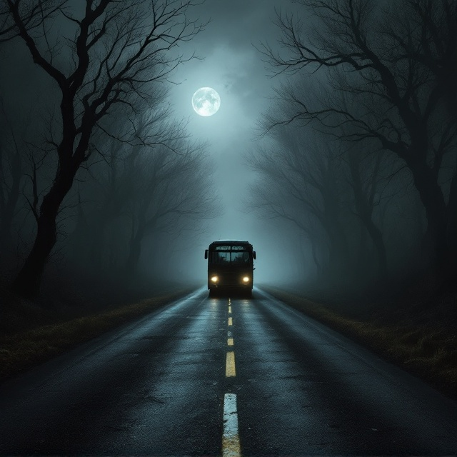A desolate, dimly lit two-lane road in shades of deep black and gray stretches into the horizon, disappearing into a dark, ominous fog. A dilapidated, shadowy bus is positioned in the middle of the road, headlights dimly glowing and cutting through the blackness with a weak yellow hue. Jagged, eerie tree branches arch over the road, framing the scene. The moon is faintly visible through the dense clouds, casting a hazy and unsettling light. The atmosphere feels chilling, filled with the looming sense of danger and desolation.