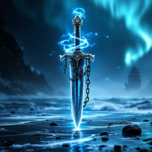 A shadowy, frost-covered ceremonial dagger forms the central focus, exuding sharp details and radiating light-blue magical energy swirling outward like tendrils of frozen mist. Shackles with broken chains drape around the hilt and fall partially around the blade. The background showcases a stark, otherworldly landscape a beach of shimmering black sands fading into crashing dark ocean waves. Ghostly outlines of towering ships with ragged sails loom ominously against a midnight sky streaked with auroras of icy blue. Snowflakes, carrying a soft glow, swirl subtly across the whole scene, reinforcing the winter theme.
