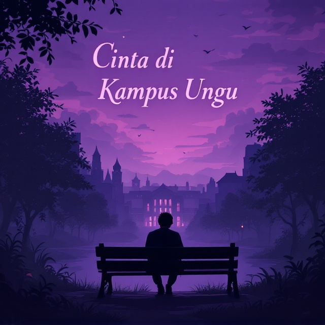 A moody, violet-hued scene illustrating the silhouette of a university campus at dusk, subtly casting a melancholic glow. In the foreground, a lone figure sits on a bench, head tilted down, capturing a sense of longing and sadness. Wisps of clouds and distant outlines of the college buildings provide texture, while climbing ivy adds depth to the scene.